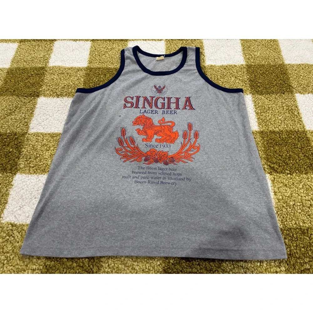 Vintage Singha Lager Beer Ringer Tank Top Mens XL Gray Thailand Brewery Tee